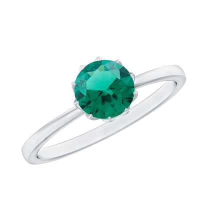0.8 Carat Round Lab Grown Emerald Solitaire Ring in Lotus Basket Setting