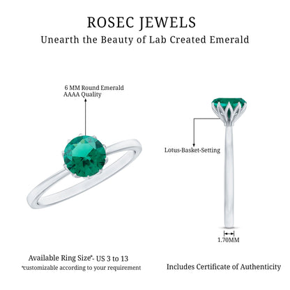 0.8 Carat Round Lab Grown Emerald Solitaire Ring in Lotus Basket Setting