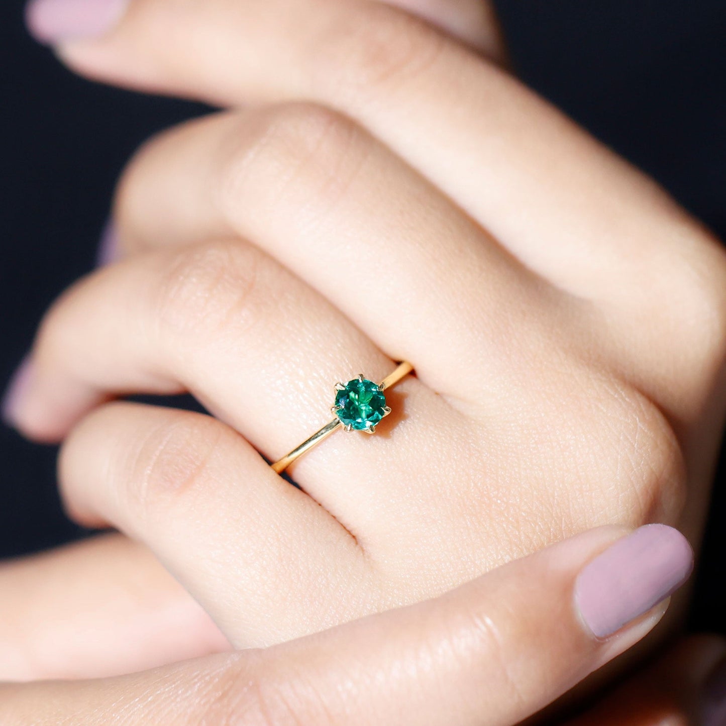 0.8 Carat Round Lab Grown Emerald Solitaire Ring in Lotus Basket Setting