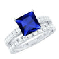 Certified Lab Grown Blue Sapphire Princess Cut Engagement Ring Set with Moissanite