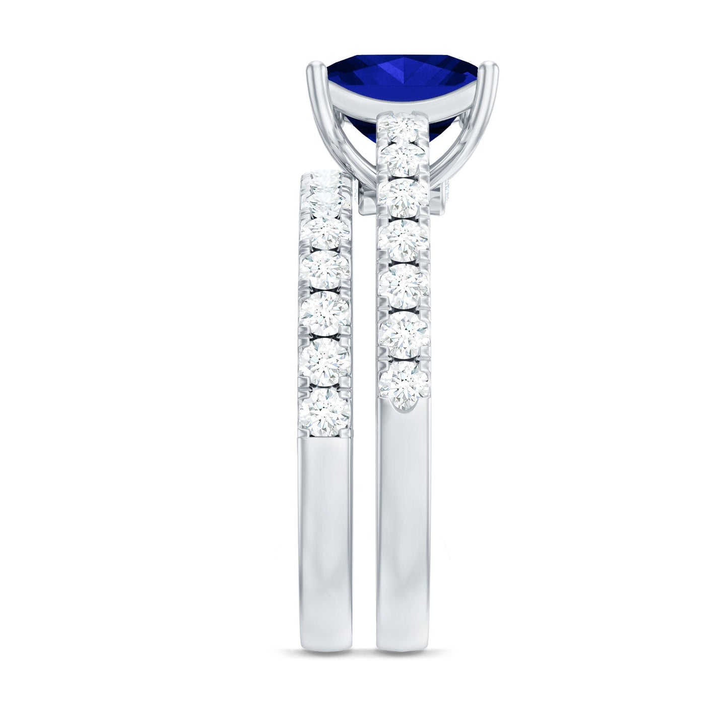 Certified Lab Grown Blue Sapphire Princess Cut Engagement Ring Set with Moissanite