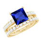 Certified Lab Grown Blue Sapphire Princess Cut Engagement Ring Set with Moissanite