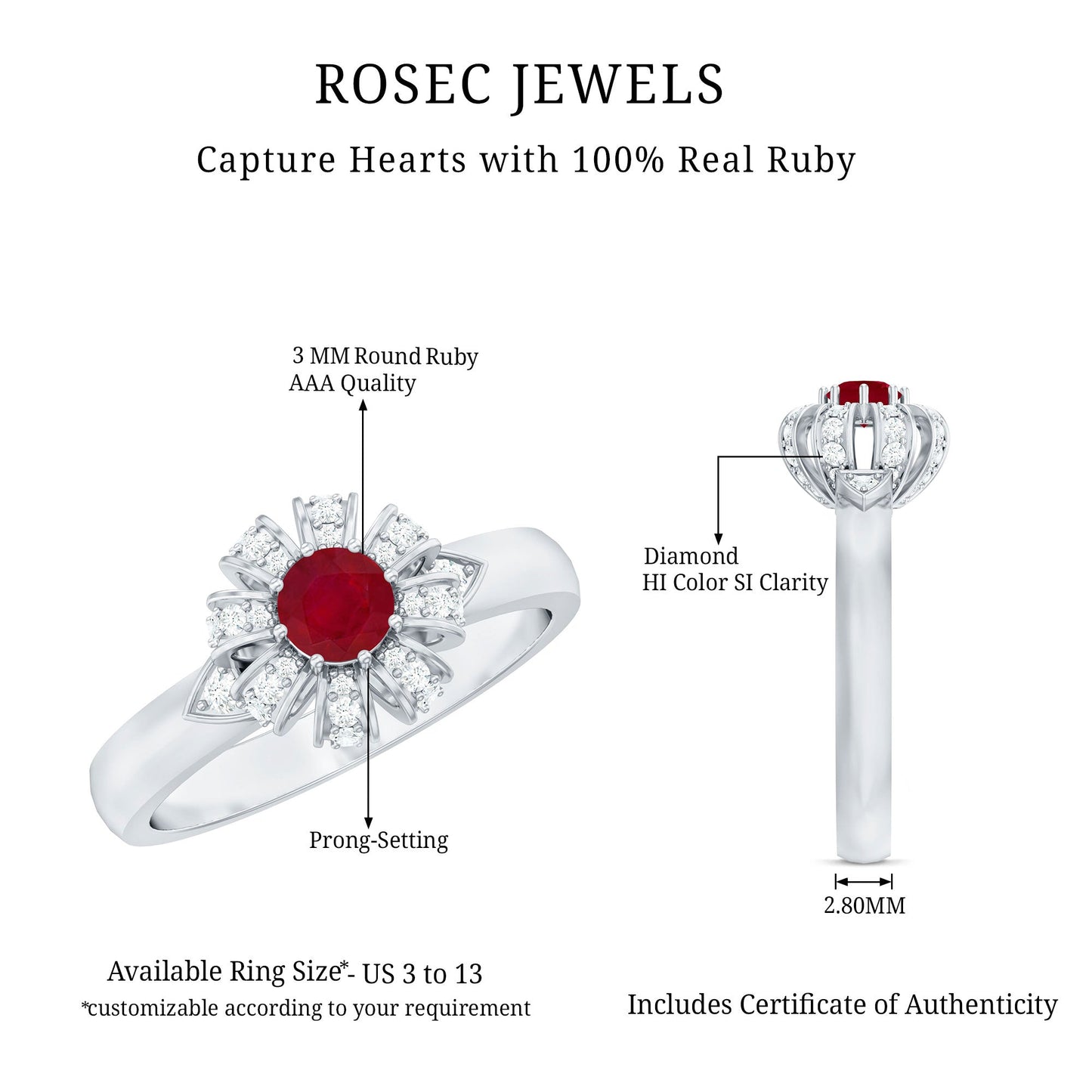 Natural Ruby Flower Promise Ring with Diamond