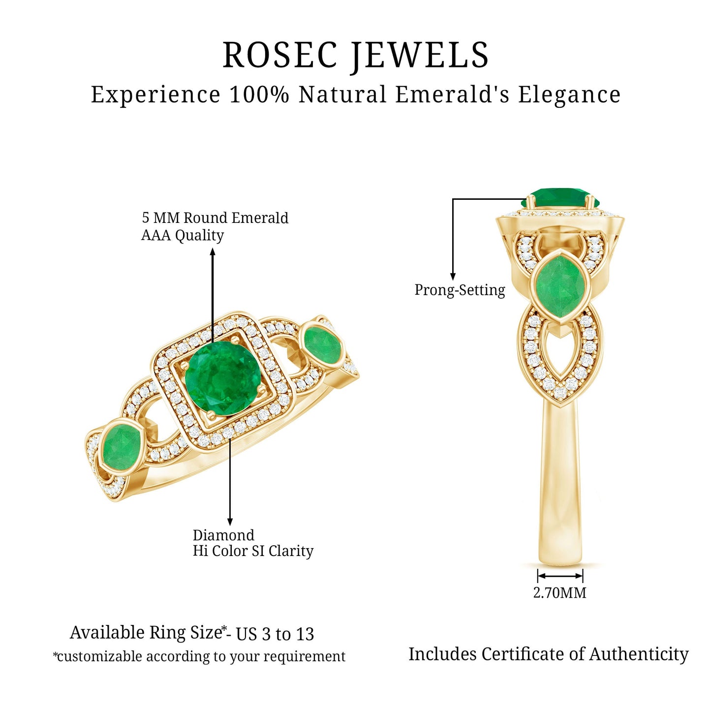 Natural Emerald Diamond Vintage Looking Engagement Ring