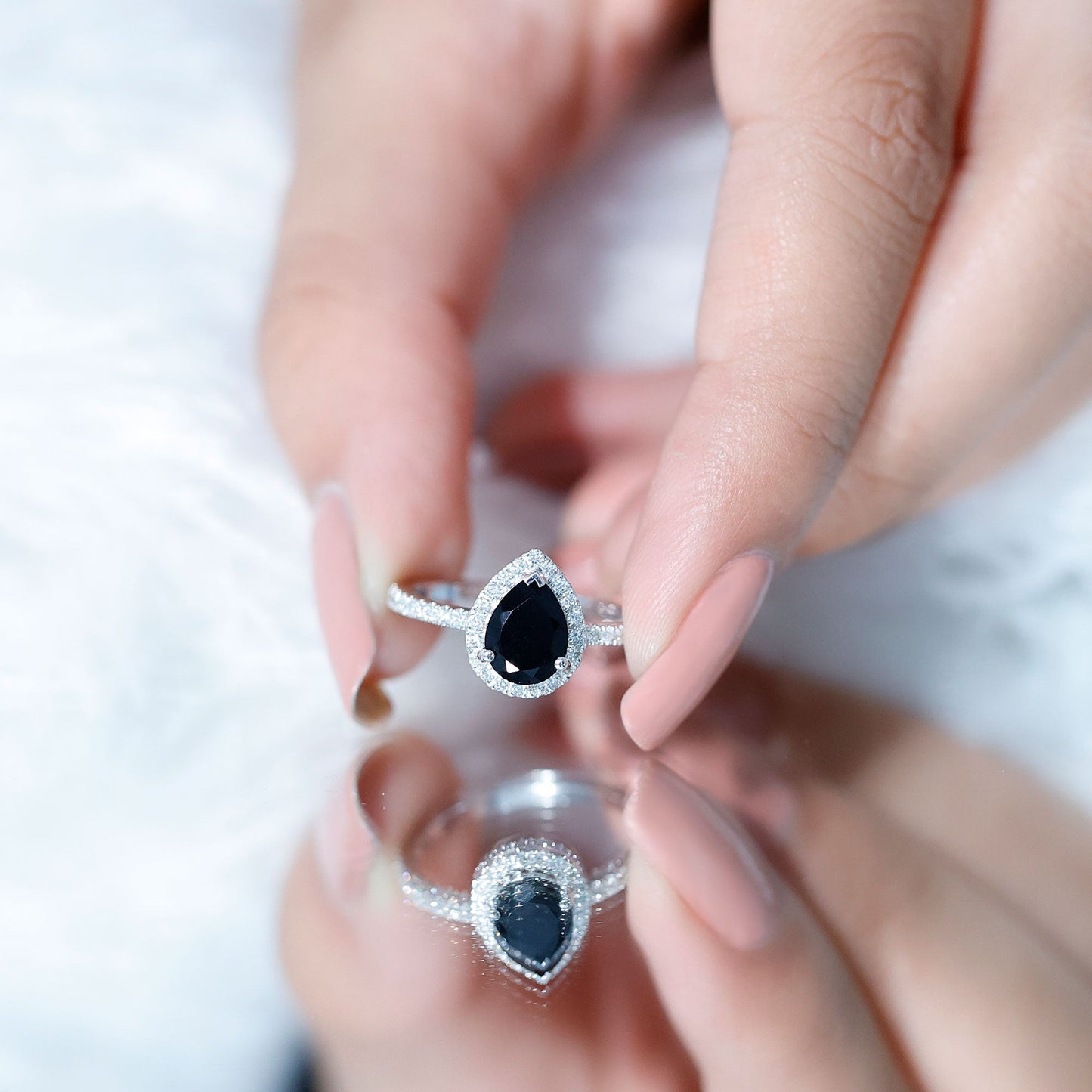 1 Carat Pear Shaped Black Onyx Engagement Ring with Real Diamond Halo