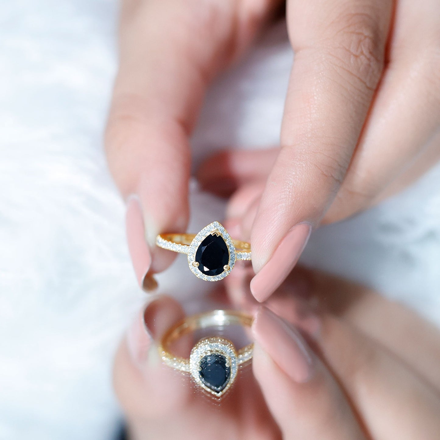 1 Carat Pear Shaped Black Onyx Engagement Ring with Real Diamond Halo