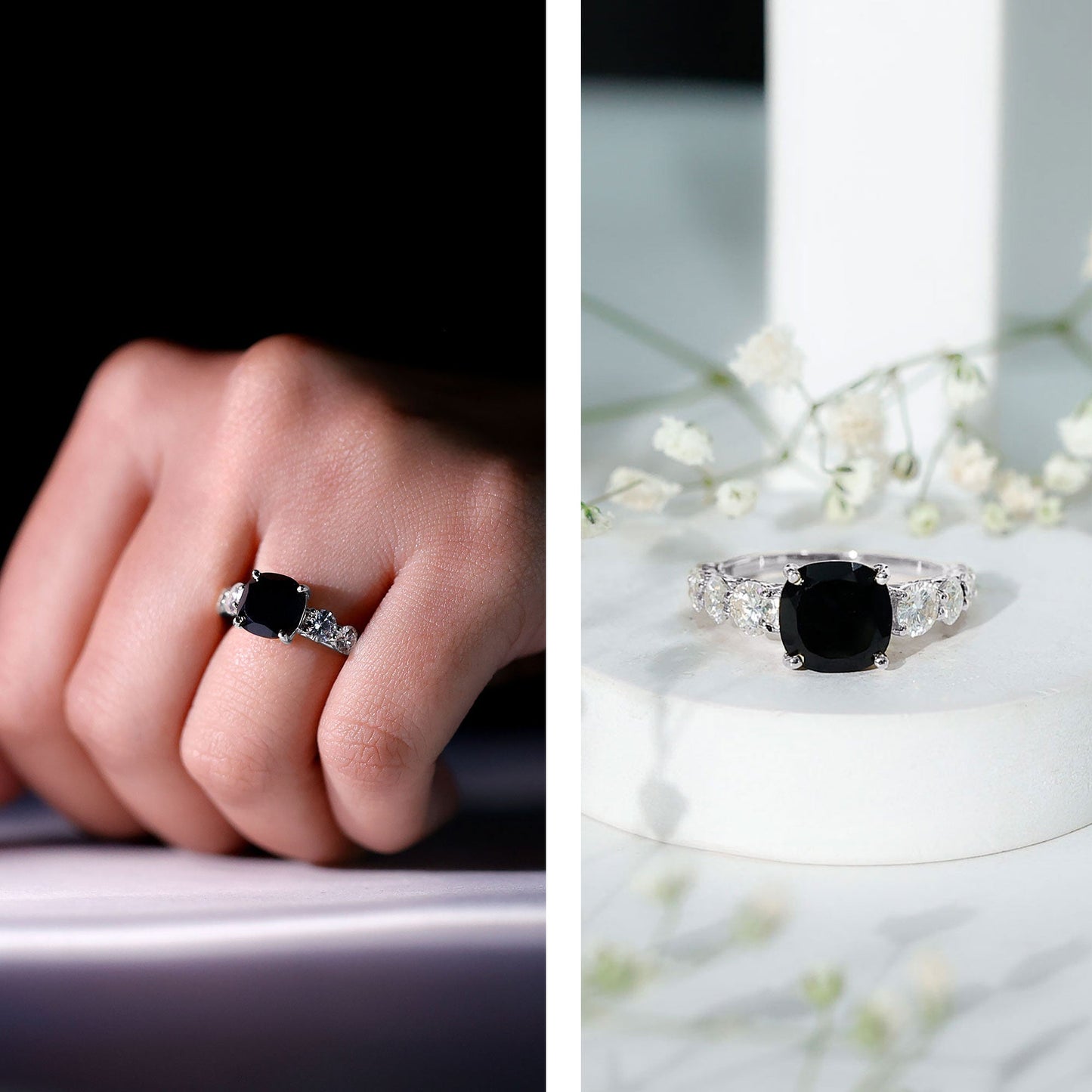 Certified 2.8 Carat Lab Grown Black Diamond Cushion Cut Engagement Ring with Side Stones