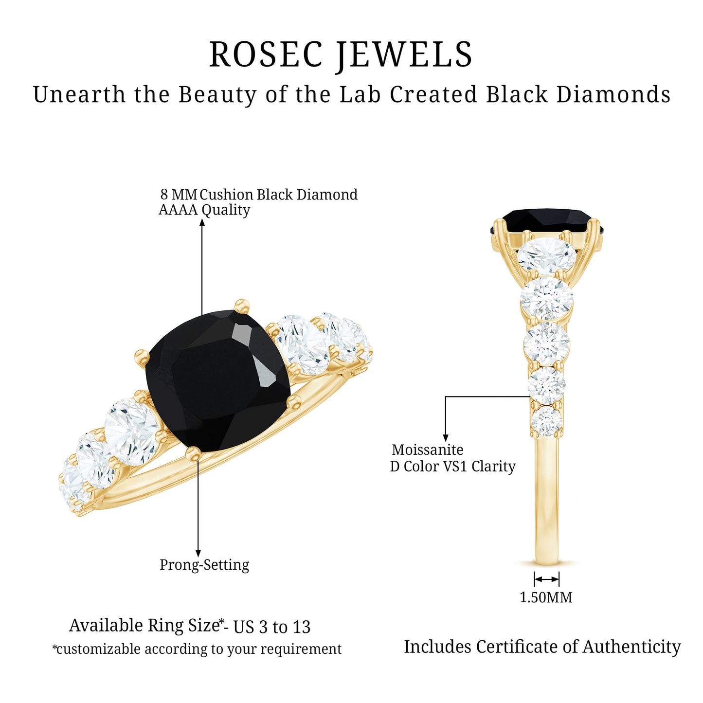 Certified 2.8 Carat Lab Grown Black Diamond Cushion Cut Engagement Ring with Side Stones