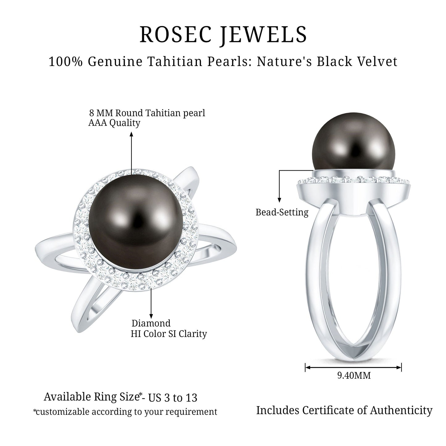 7.5 Carat Black Pearl Criss Cross Engagement Ring with Diamond Halo