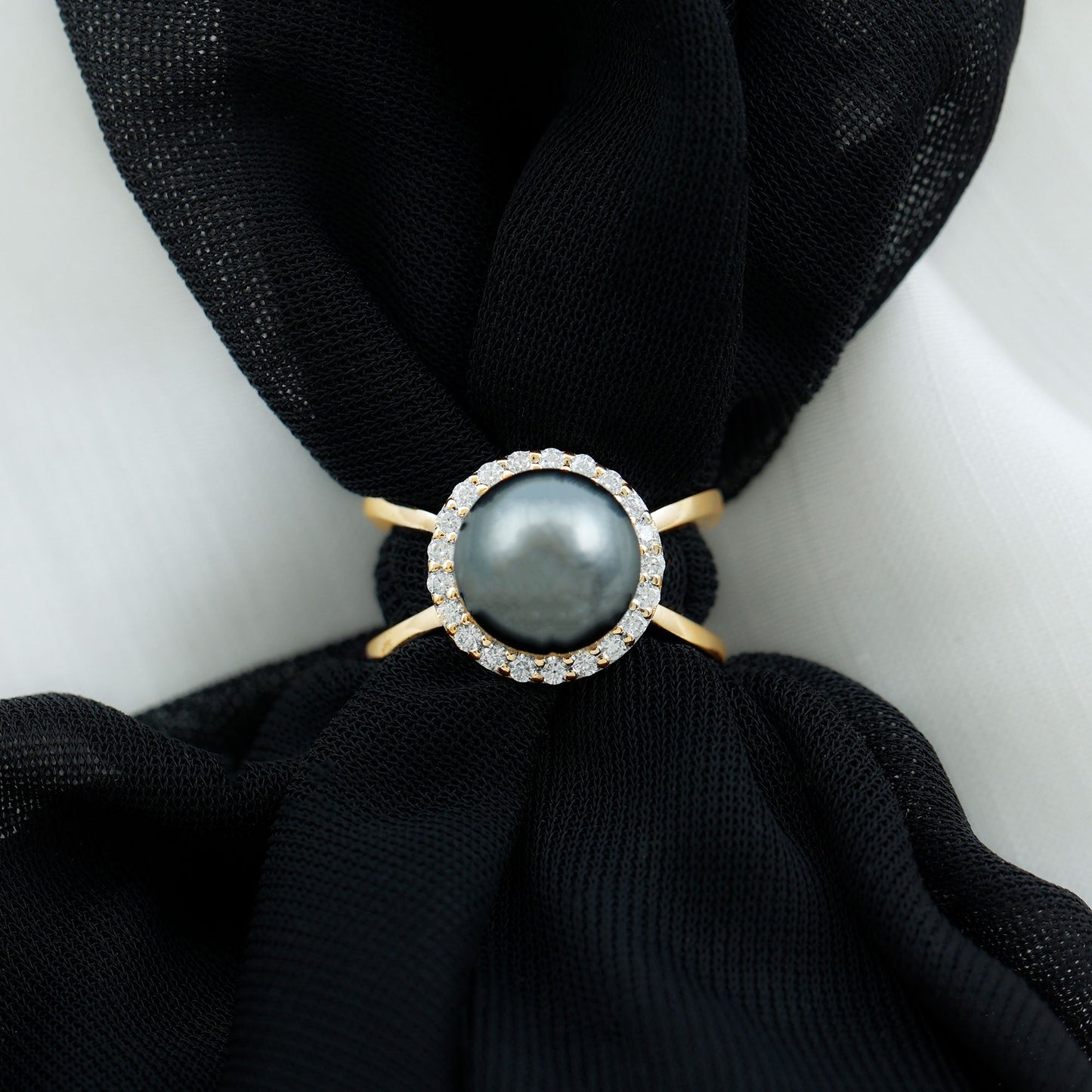 7.5 Carat Black Pearl Criss Cross Engagement Ring with Diamond Halo