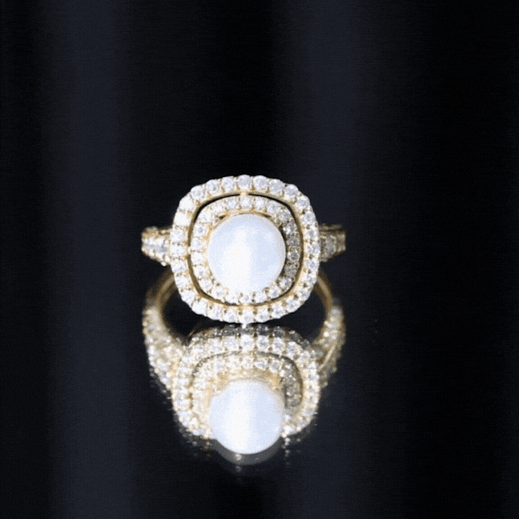 Cultured 3 Carat Freshwater Pearl Double Halo Engagement Ring with Moissanite
