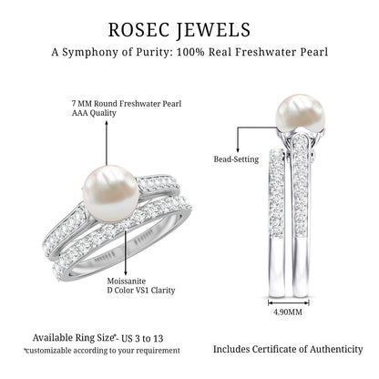 Cultured Freshwater Pearl Wedding Bridal Ring Set with Moissanite