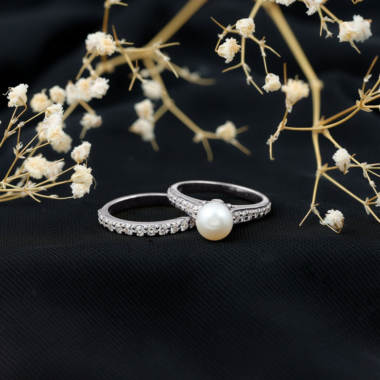 Cultured Freshwater Pearl Wedding Bridal Ring Set with Moissanite