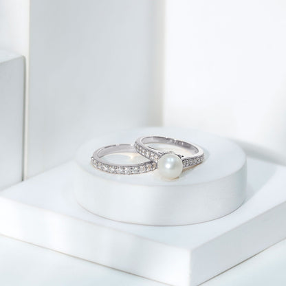 Cultured Freshwater Pearl Wedding Bridal Ring Set with Moissanite