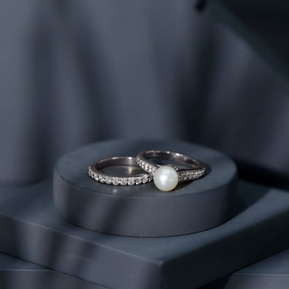 Cultured Freshwater Pearl Wedding Bridal Ring Set with Moissanite