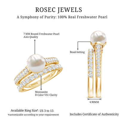 Cultured Freshwater Pearl Wedding Bridal Ring Set with Moissanite