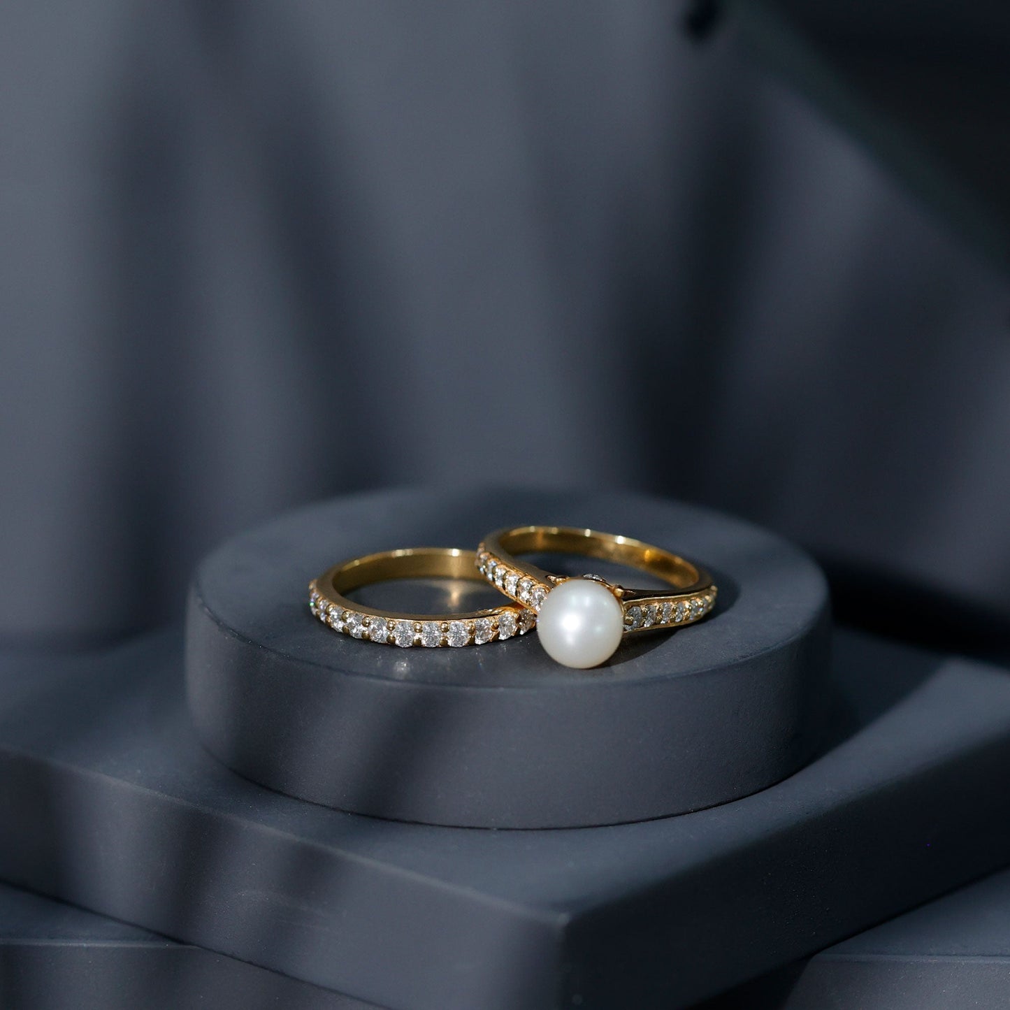 Cultured Freshwater Pearl Wedding Bridal Ring Set with Moissanite
