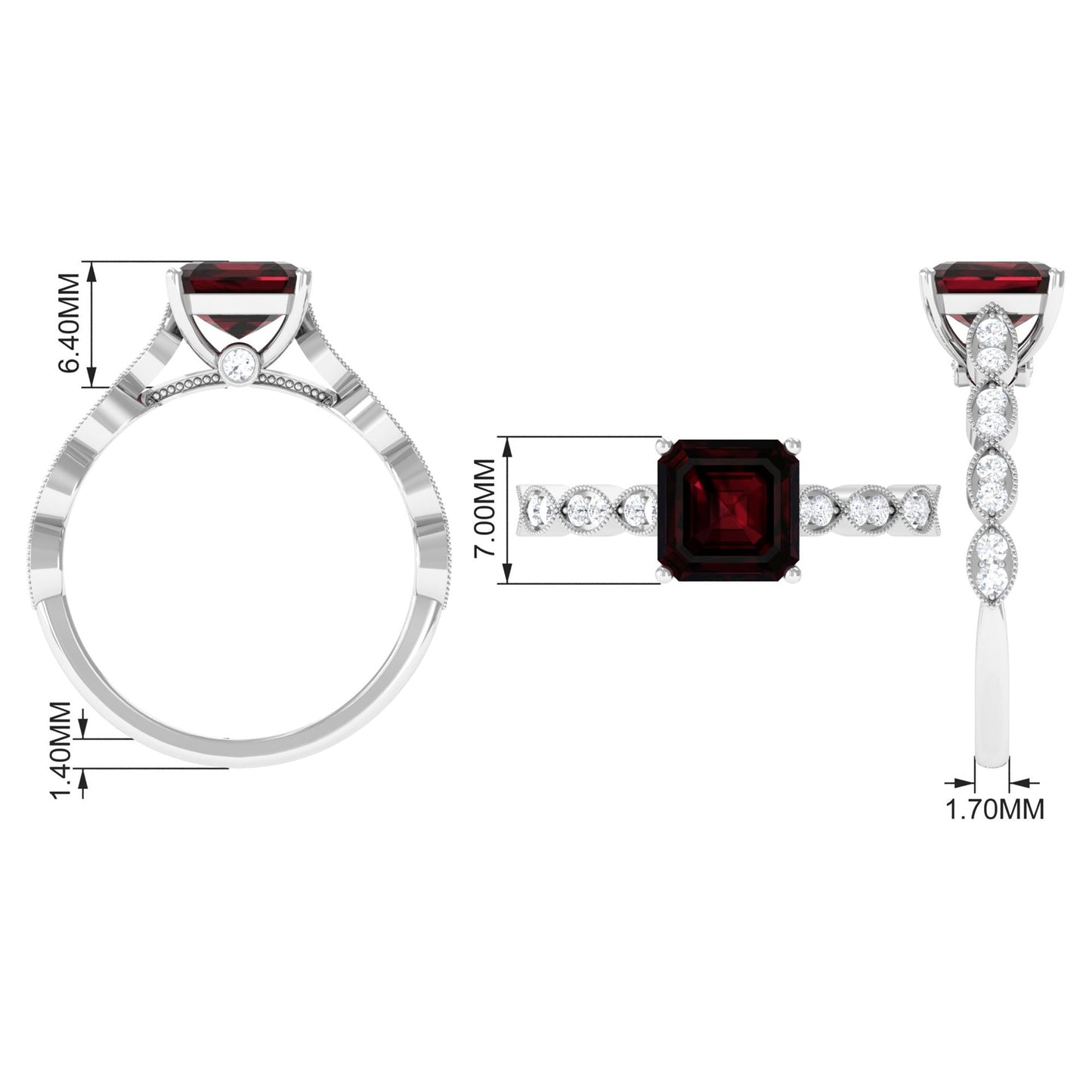 Real 3.3 Carat Asscher Cut Garnet Engagement Ring with Diamond