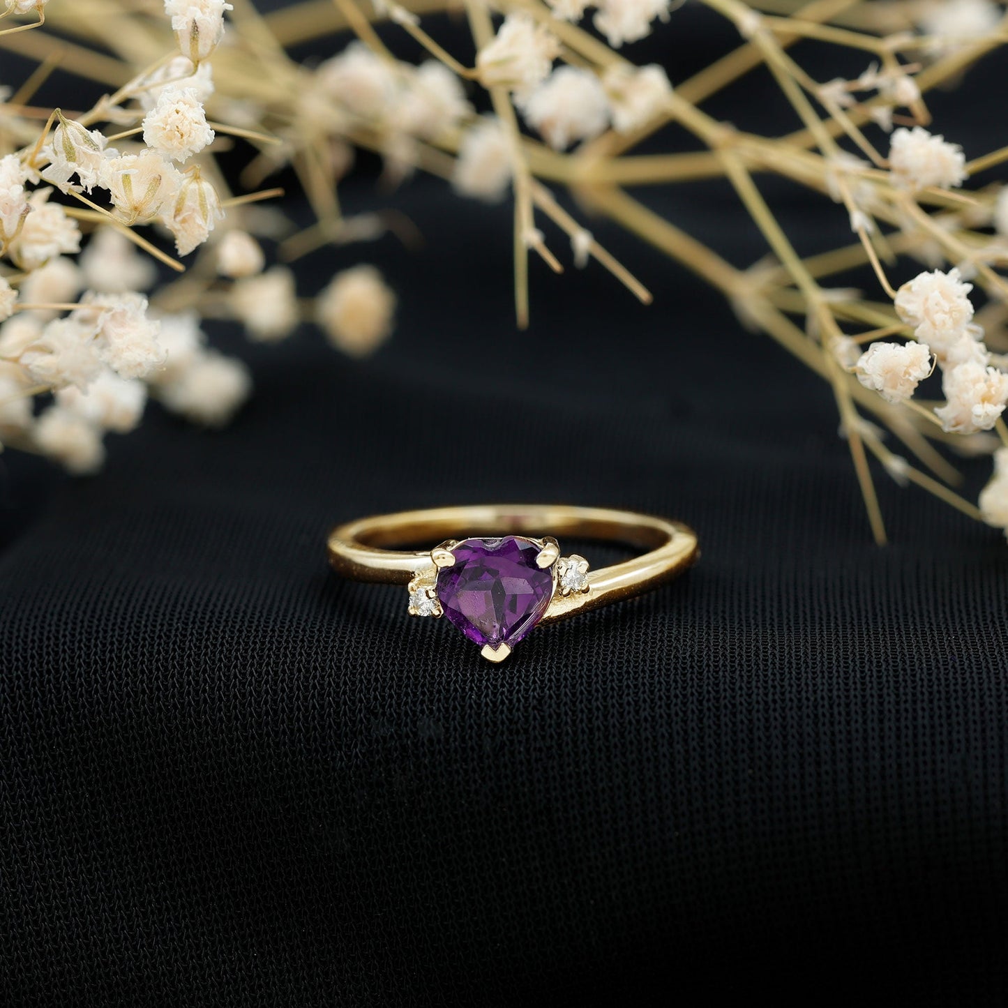 Real 0.9 Carat Amethyst Heart Engagement Ring with Diamond