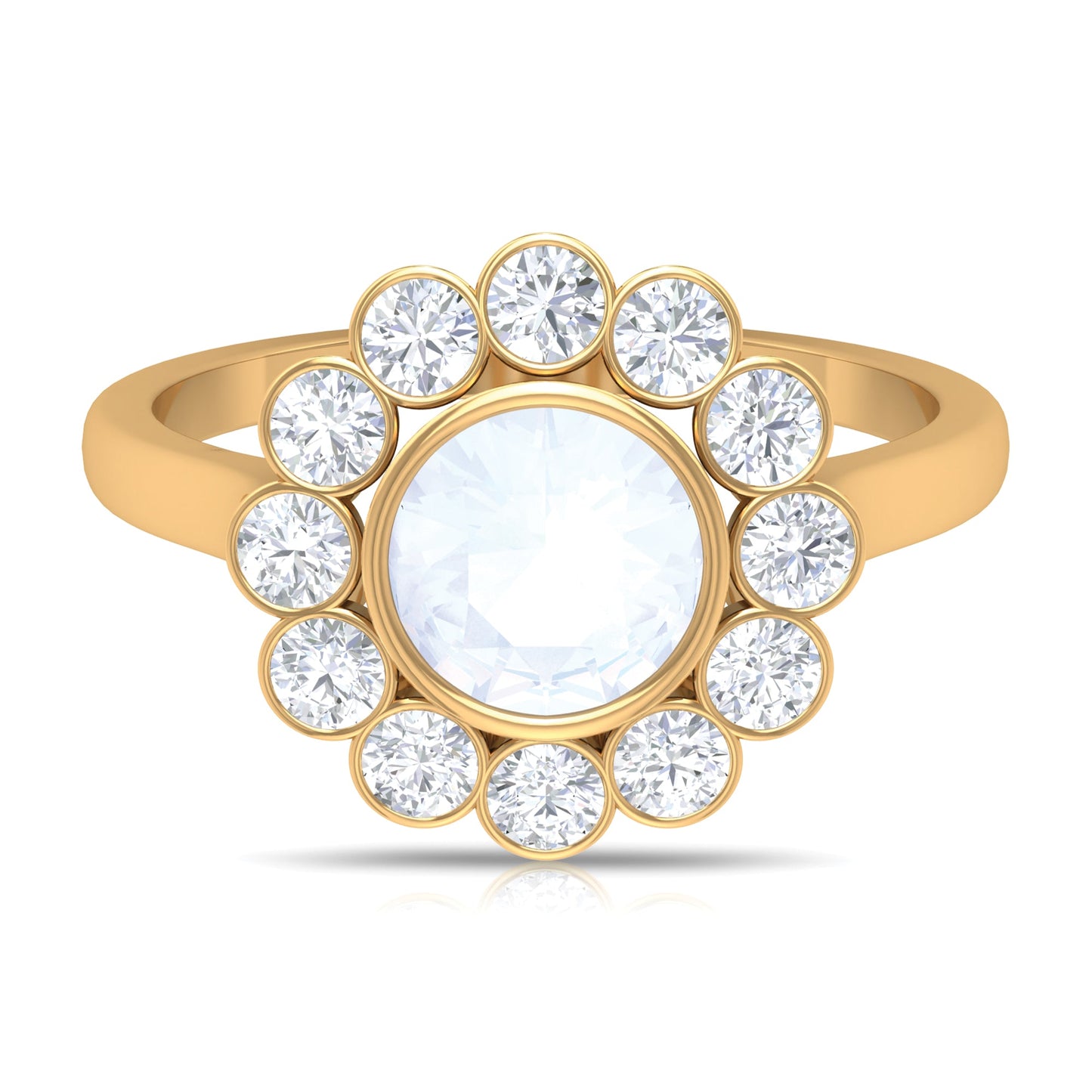 Bezel Set Moonstone Statement Engagement Ring with Diamond Halo