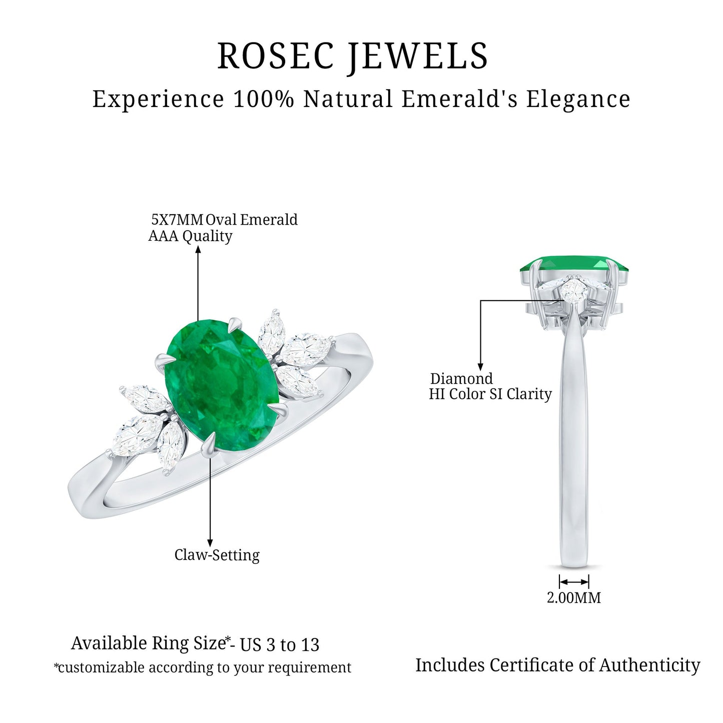 Oval Shaped Emerald Engagement Ring with Marquise Diamond Trio