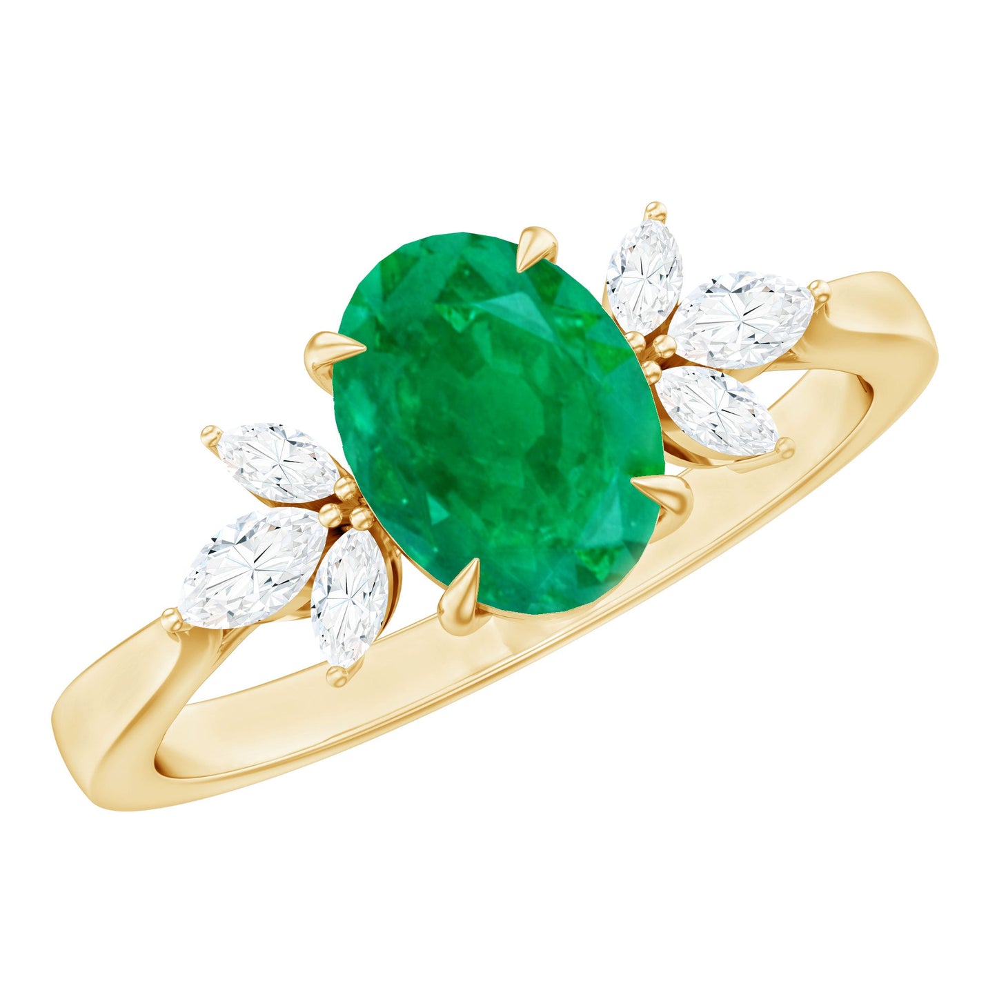 Oval Shaped Emerald Engagement Ring with Marquise Diamond Trio