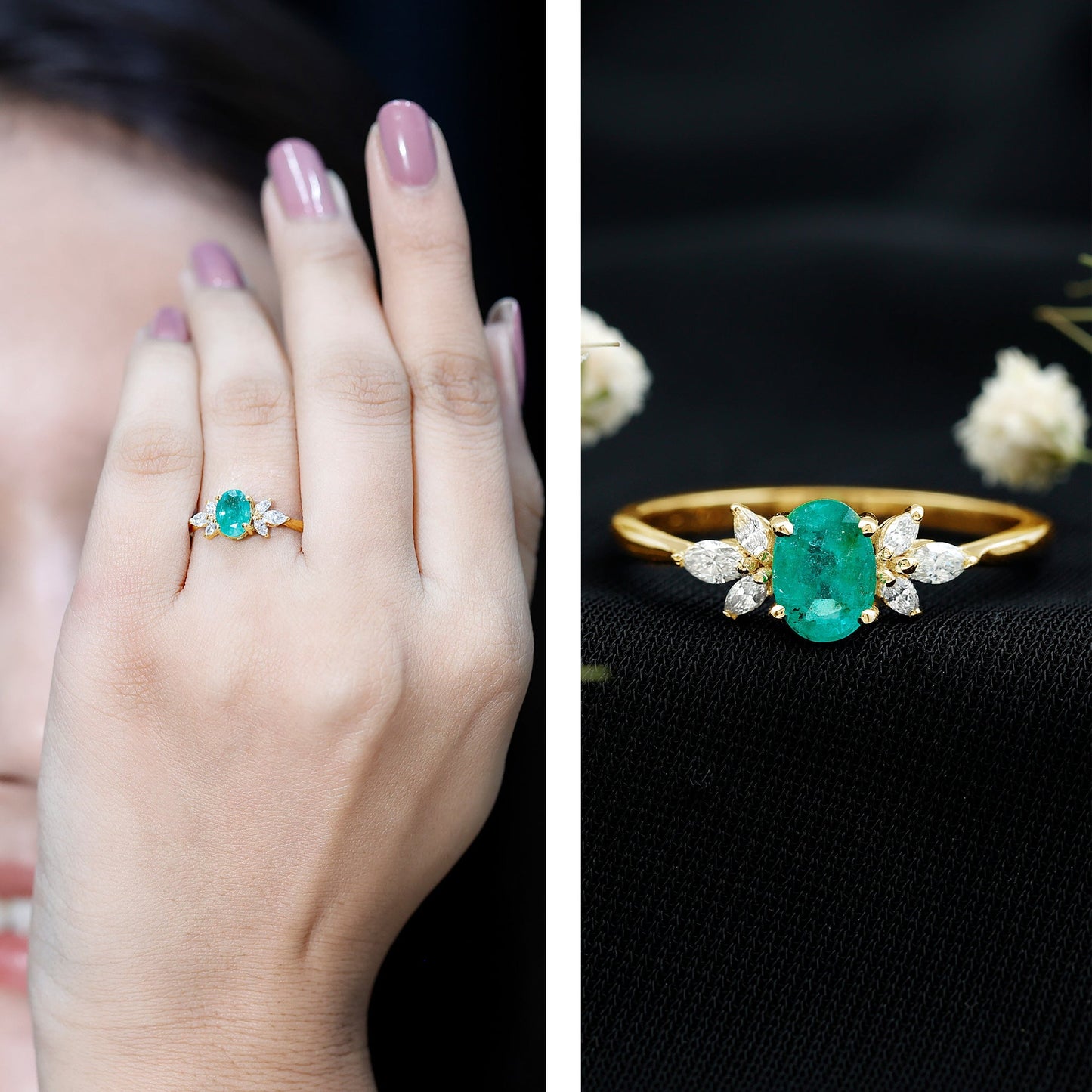 Oval Shaped Emerald Engagement Ring with Marquise Diamond Trio