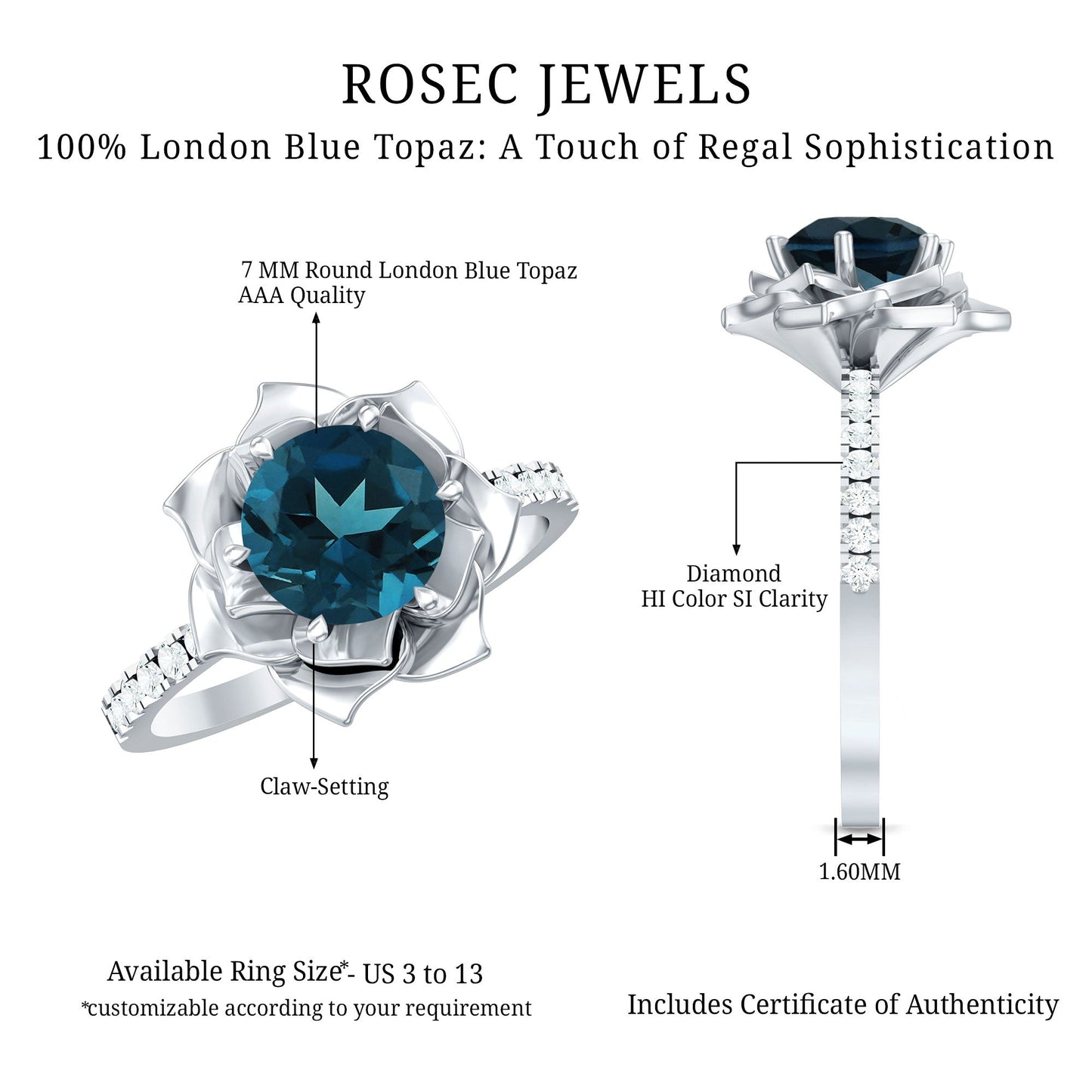 Rose Flower Engagement Ring with London Blue Topaz and Diamond