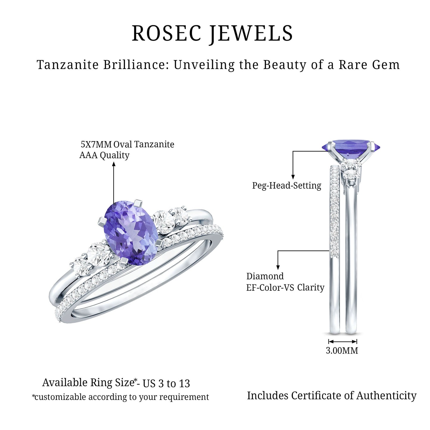 Natural 0.9 Carat Tanzanite and Diamond Oval Engagement Ring with Wedding Band