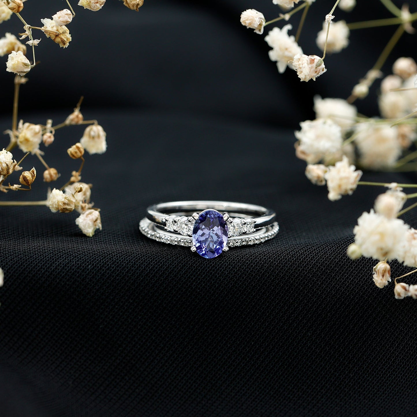 Natural 0.9 Carat Tanzanite and Diamond Oval Engagement Ring with Wedding Band