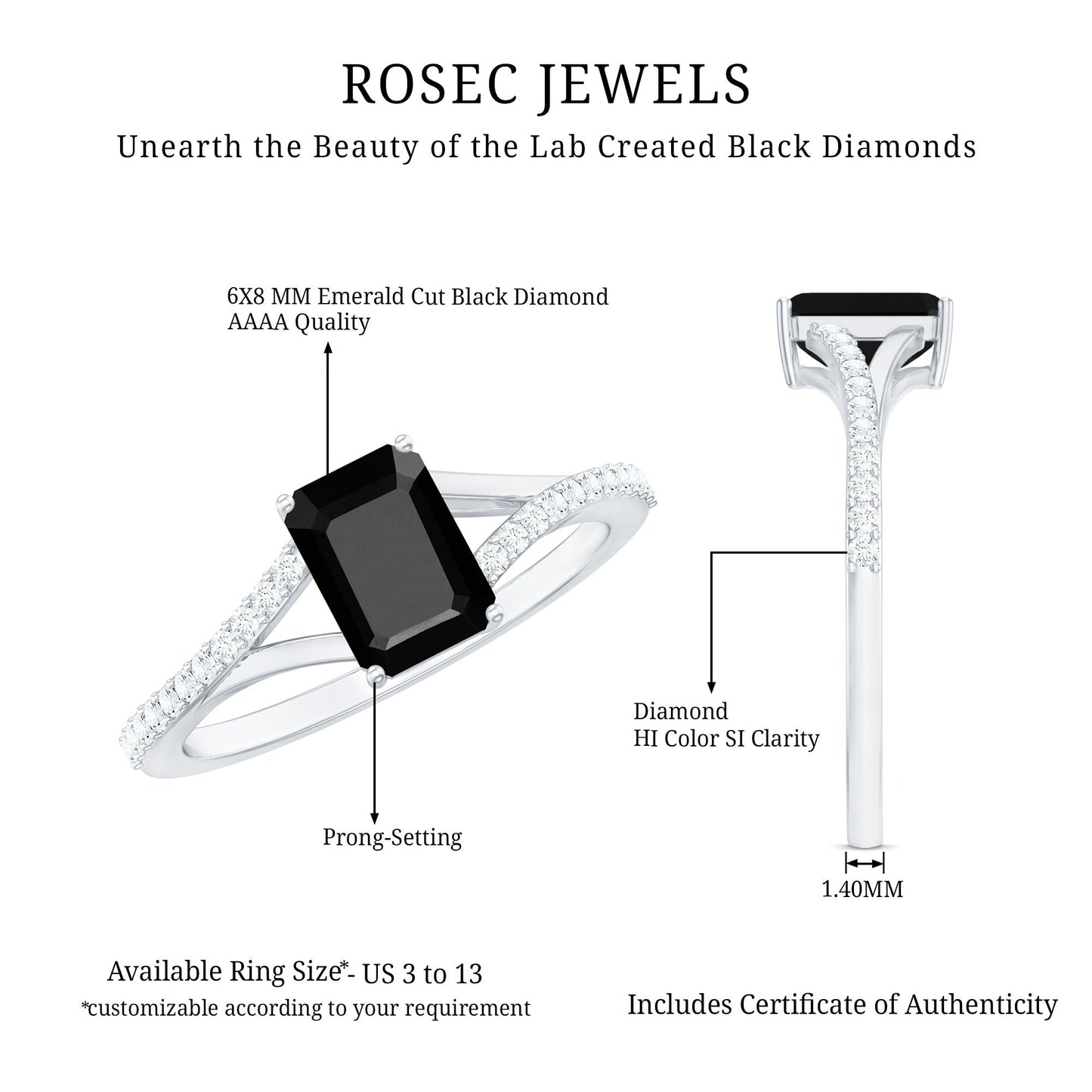3.4 Carat Emerald Cut Lab Created Black Diamond Engagement Ring