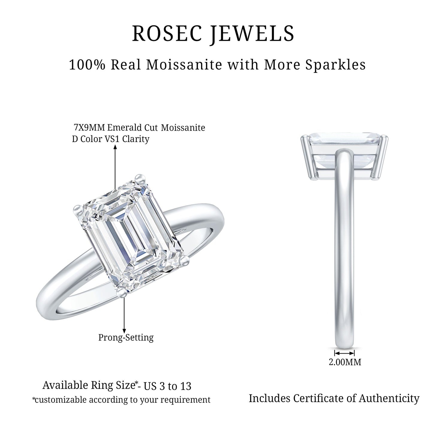 Solitaire 2.8 Carat Emerald Cut Moissanite Engagement Ring For Women