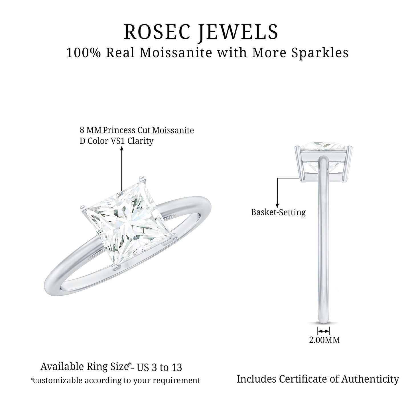 3 Carat Princess Cut Moissanite Solitaire Engagement Ring
