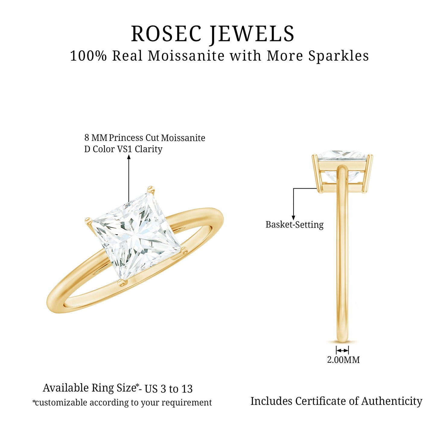 3 Carat Princess Cut Moissanite Solitaire Engagement Ring