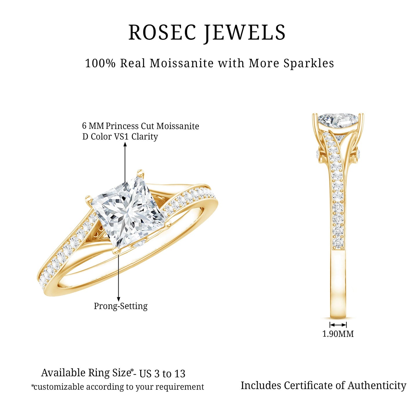 Certified Princess Cut Moissanite Engagement Ring With Split Shank