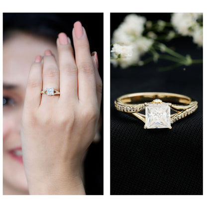 Certified Princess Cut Moissanite Engagement Ring With Split Shank