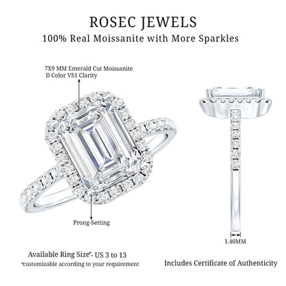 Certified Moissanite Emerald Cut Engagement Ring With Halo