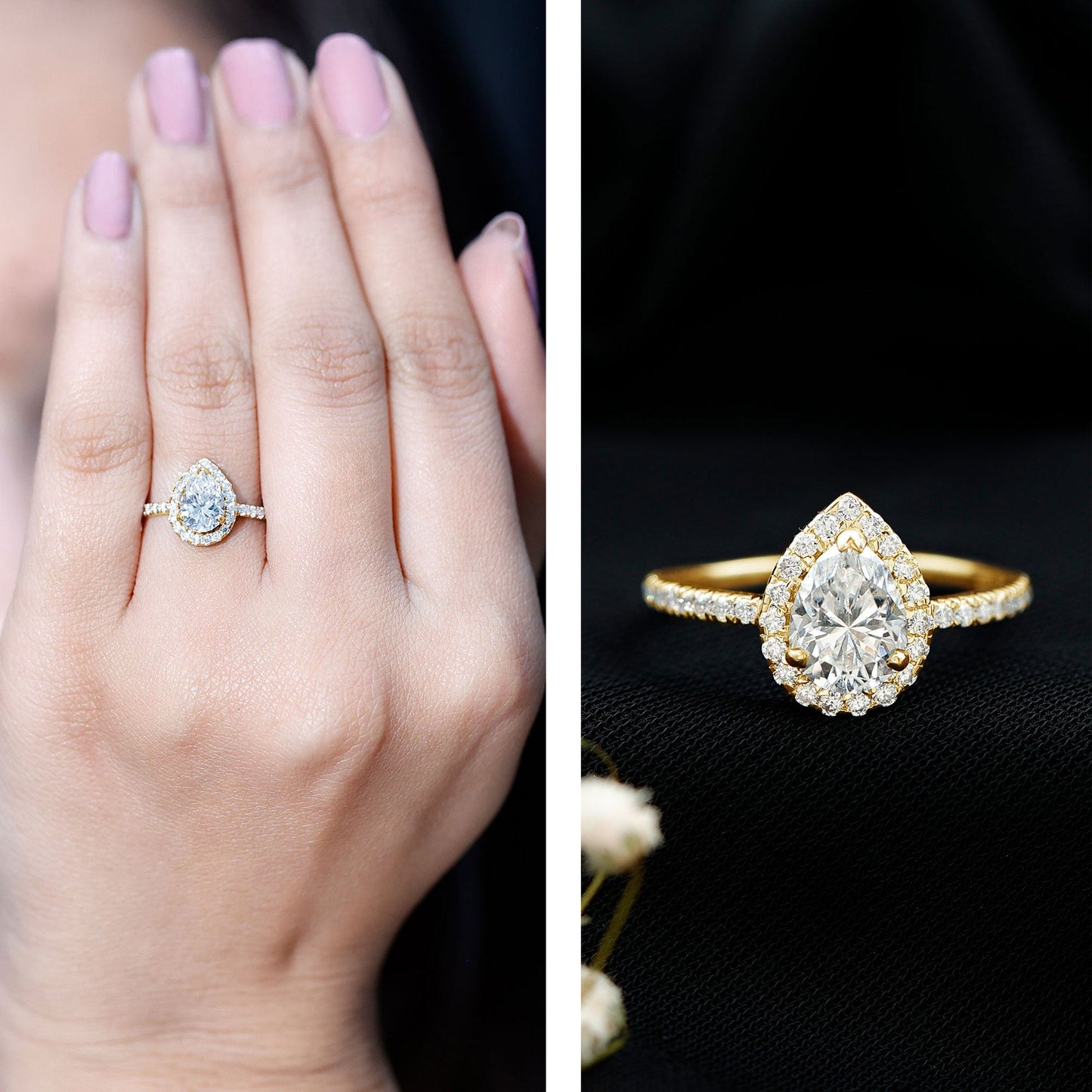 Pear Shape Moissanite Halo Engagement Ring for Women