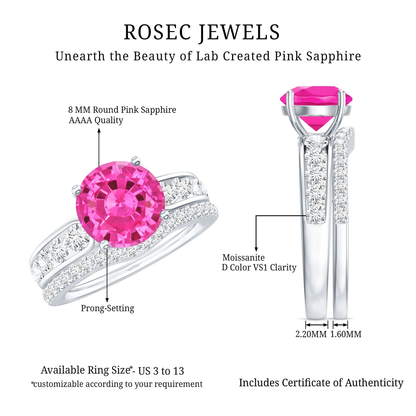 2.25 Carat Lab Grown Pink Sapphire Solitaire Bridal Ring Set