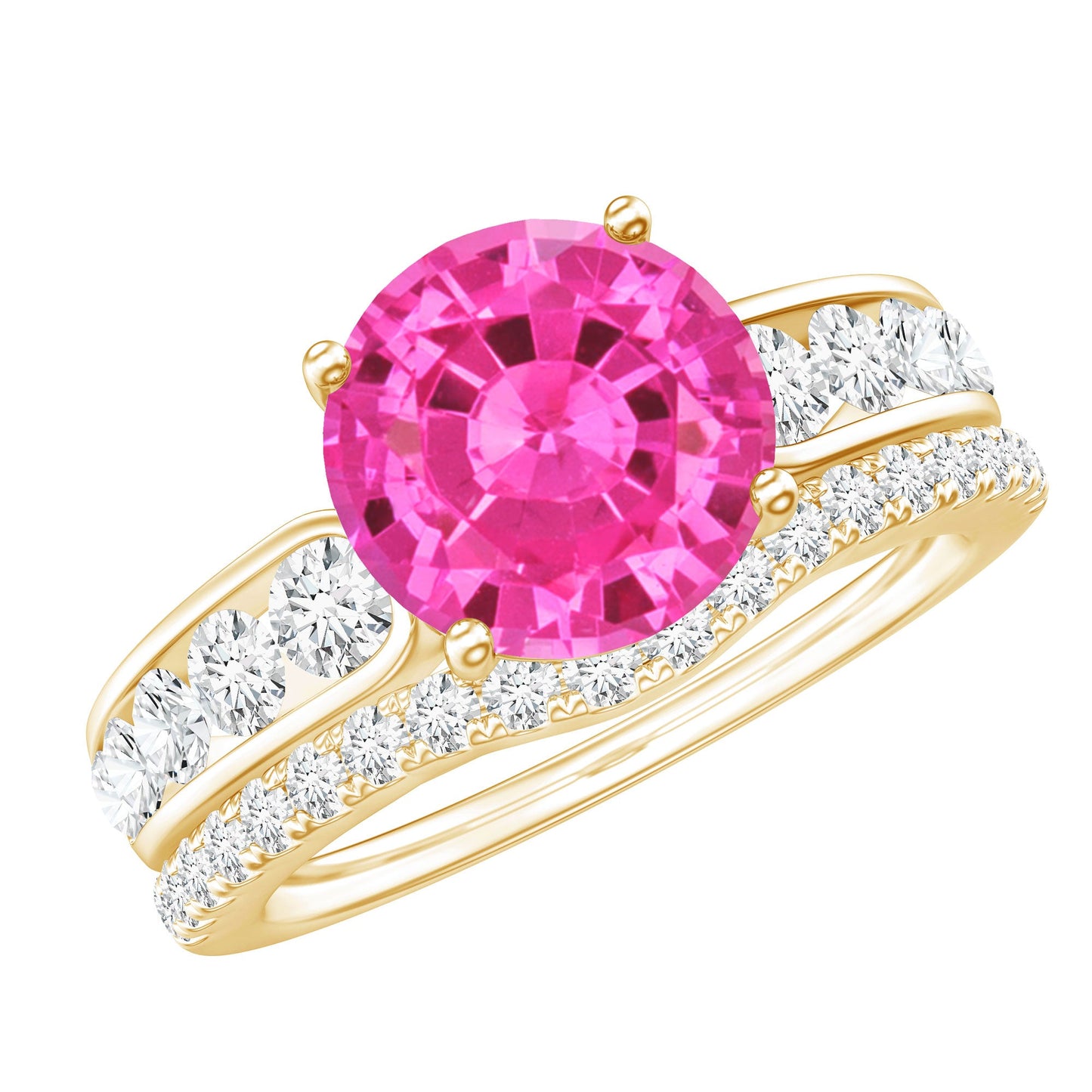 2.25 Carat Lab Grown Pink Sapphire Solitaire Bridal Ring Set
