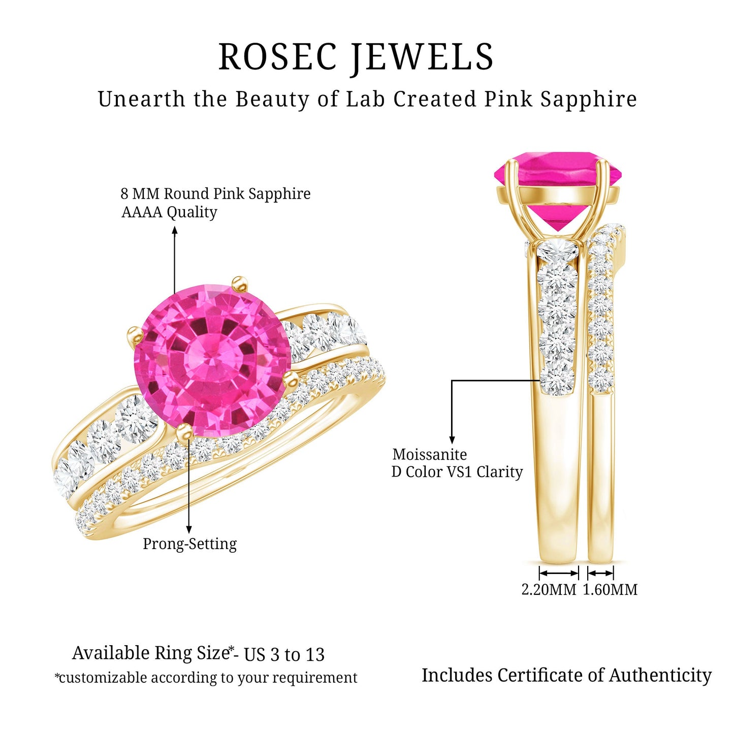 2.25 Carat Lab Grown Pink Sapphire Solitaire Bridal Ring Set