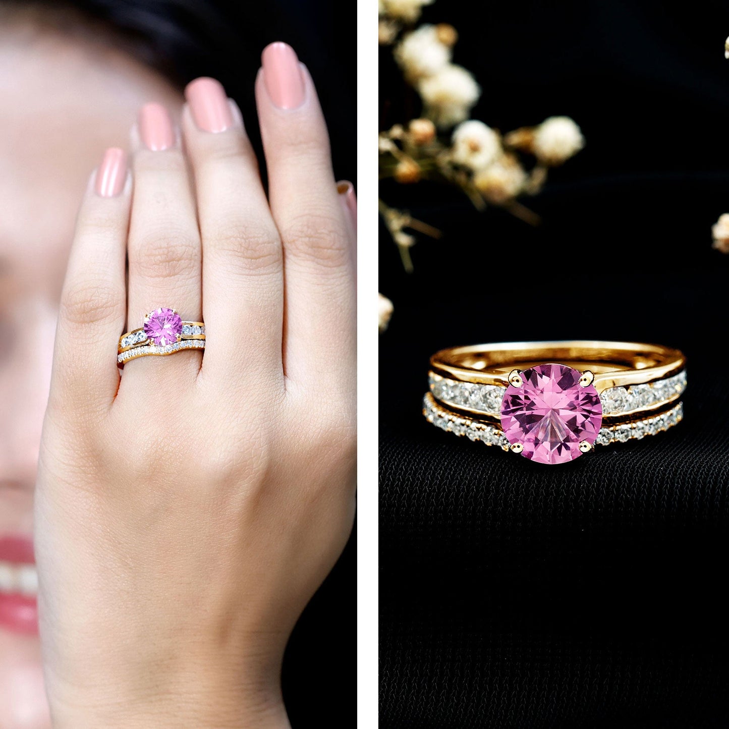 2.25 Carat Lab Grown Pink Sapphire Solitaire Bridal Ring Set