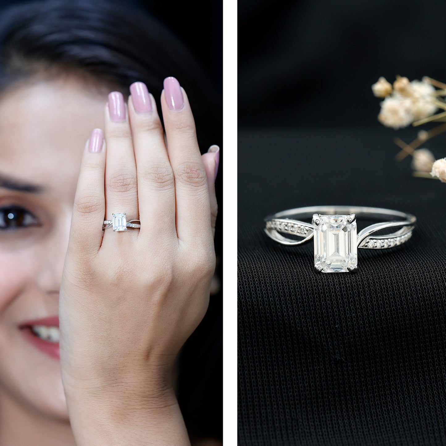 Certified 6X8 MM Emerald Cut Moissanite Infinity Engagement Ring