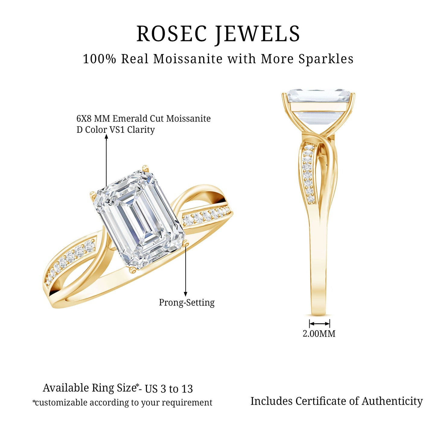 Certified 6X8 MM Emerald Cut Moissanite Infinity Engagement Ring