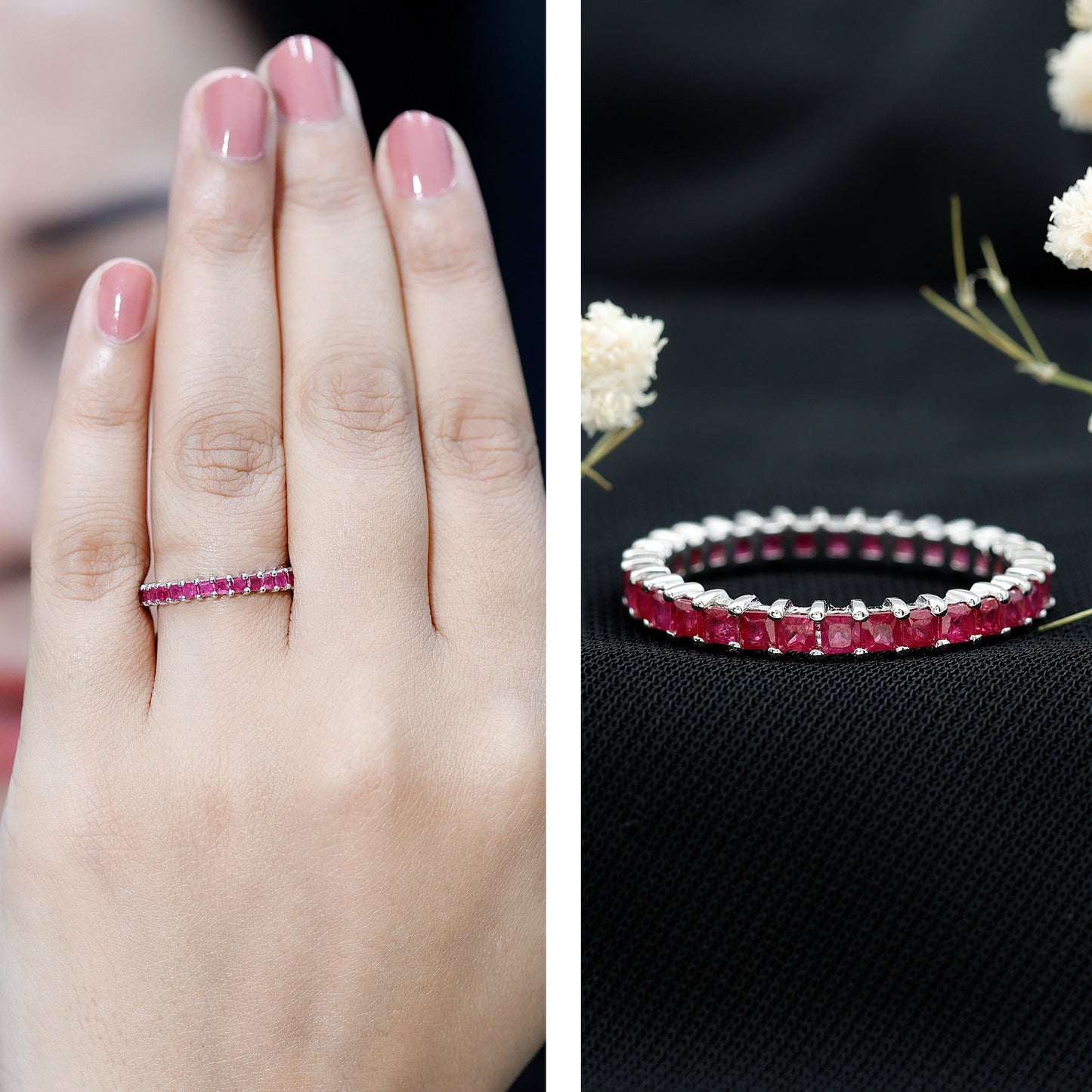 Princess Cut Ruby Eternity Ring – Thin Ruby Wedding Band in Shared Prong Setting | Real AAA Ruby