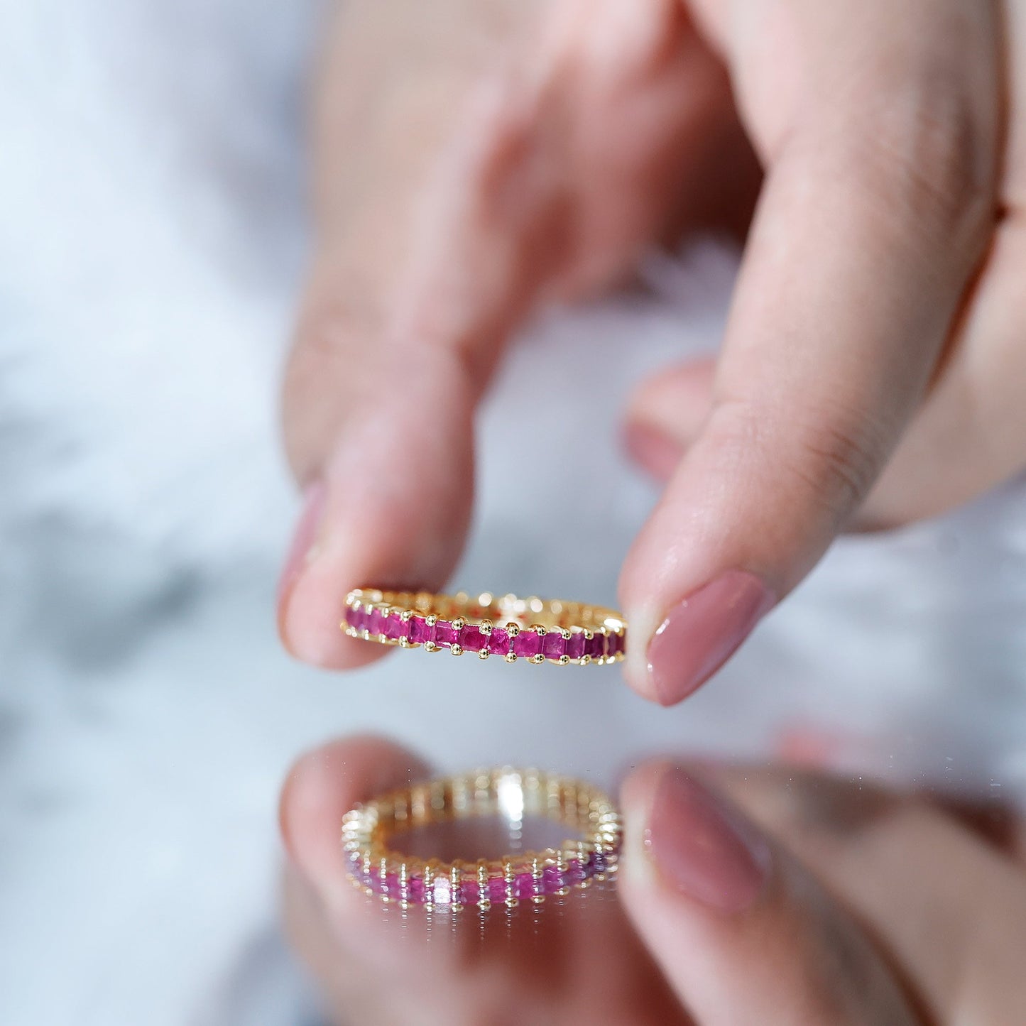 Princess Cut Ruby Eternity Ring – Thin Ruby Wedding Band in Shared Prong Setting | Real AAA Ruby
