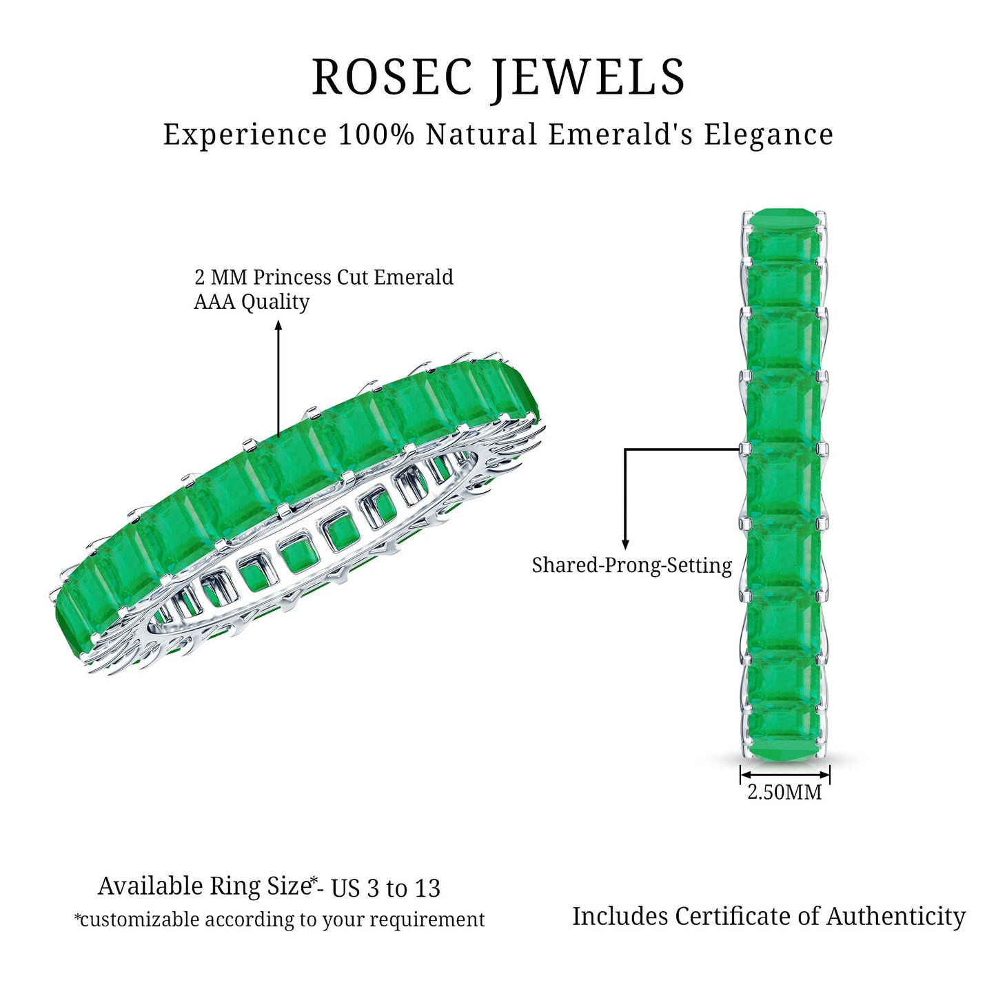 Princess Cut Natural Emerald Eternity Wedding Band
