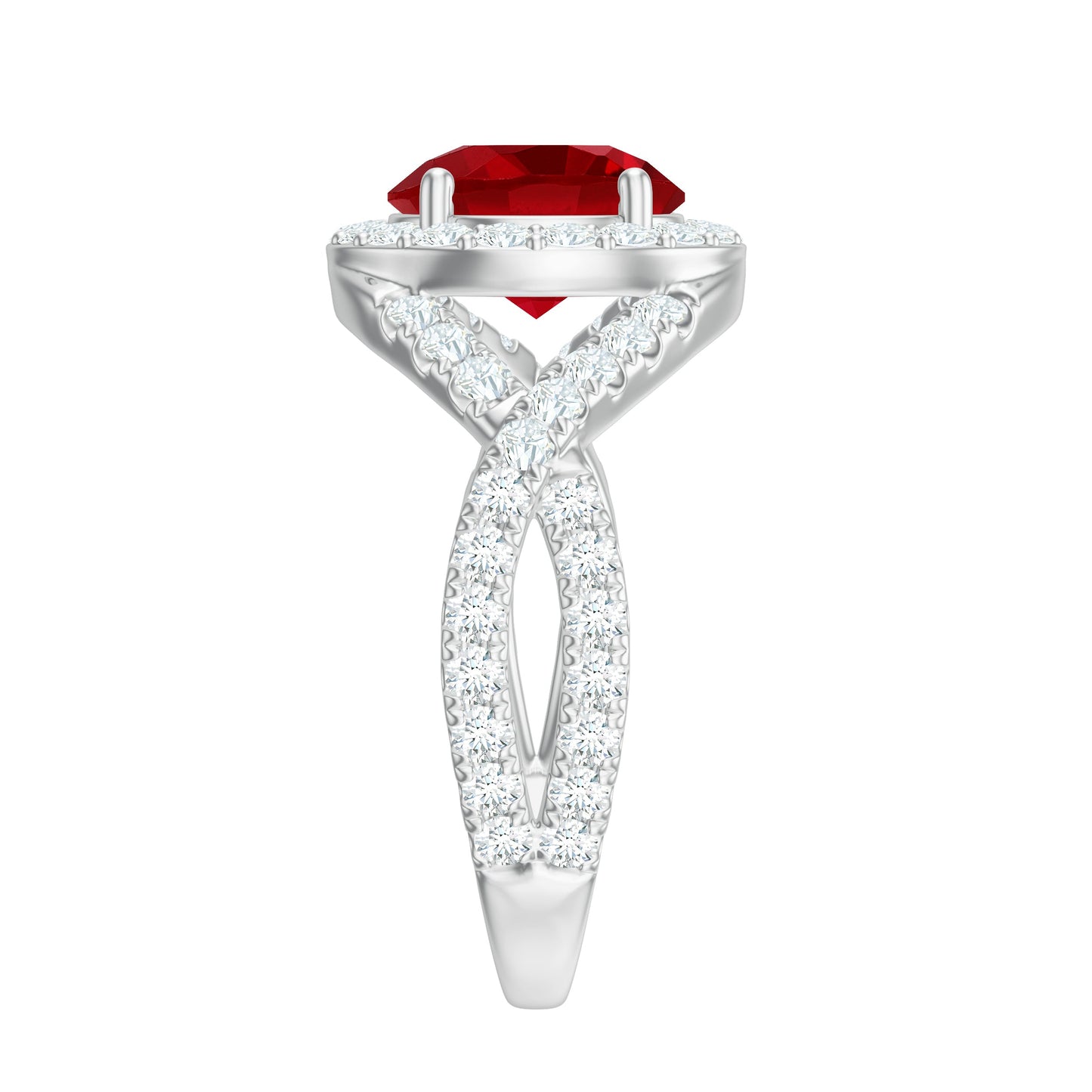 Round Created Ruby Crossover Engagement Ring With Moissanite