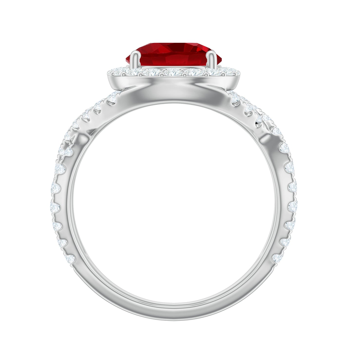 Round Created Ruby Crossover Engagement Ring With Moissanite