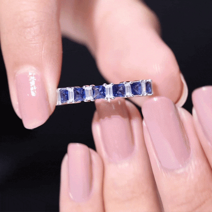 Princess Cut Lab Grown Blue Sapphire Half Eternity Ring with Diamond